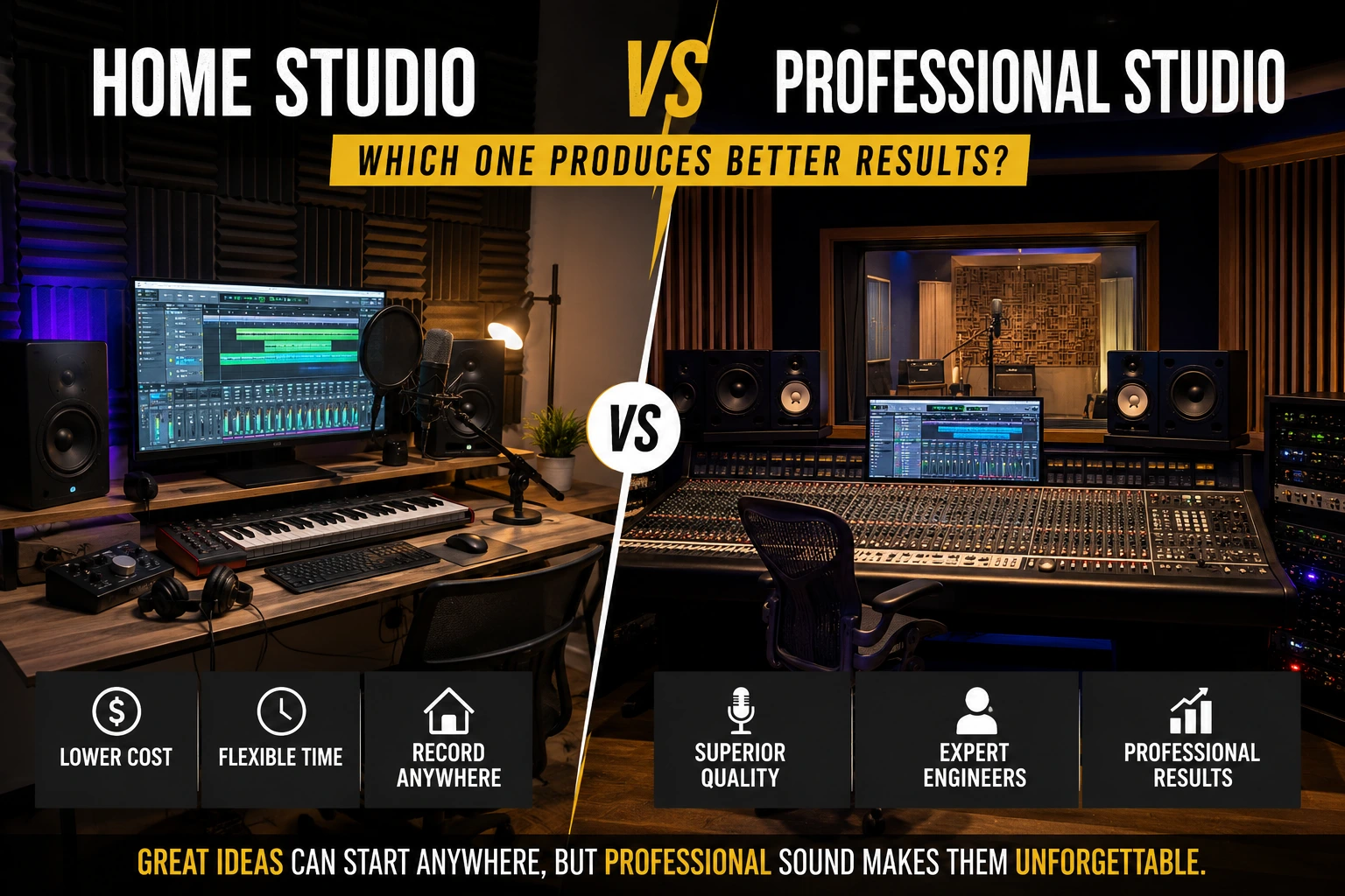 Home Studio vs Professional Studio recording setup comparison for music production